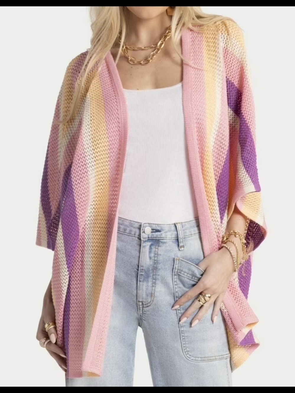 Jessica Simpson Pink, Purple & Cream Striped Open-Front Knit Cardigan